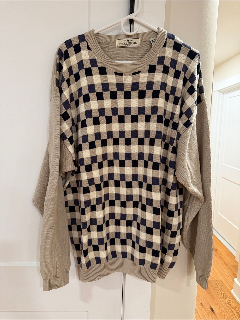 John Ashford Beige and Navy Check Crewneck Sweater